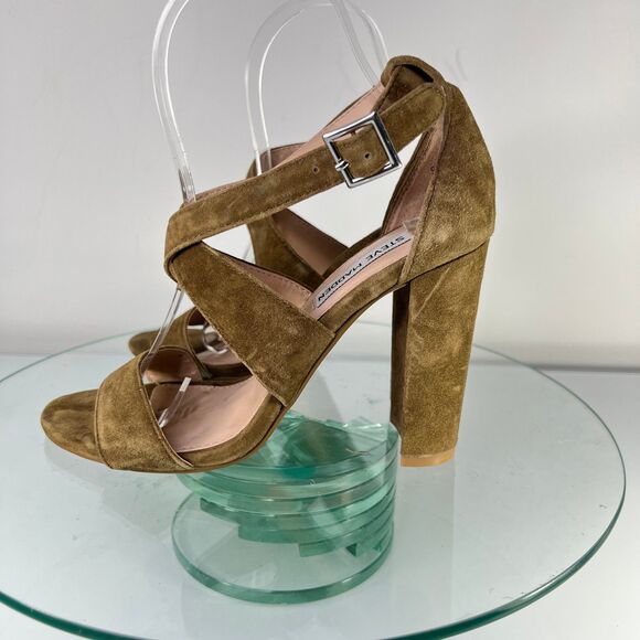 Steve Madden Caliopi High Heel Sandal Brown Suede Cross Straps buckle - Picture 6 of 12
